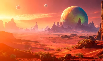 Rolgordijnen Beautiful cosmic landscape of the surface of an unknown planet. © sv_production