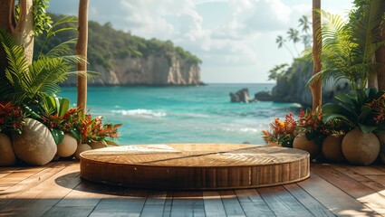 Obraz premium Bohemian Rattan Podium, front view focus, with a Sunny Beachside Cabana Background, ideal for summer fashion product displays