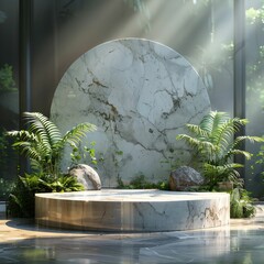 Circular podium, white marble texture, delicate ferns around base, soft-focus botanical garden setting, serene natural look, detailed render