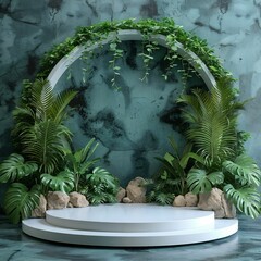 Contemporary White Podium Stage Rack, circle shape, front view focus with Green Stone and Tropical Leaves Background, perfect, very realistic