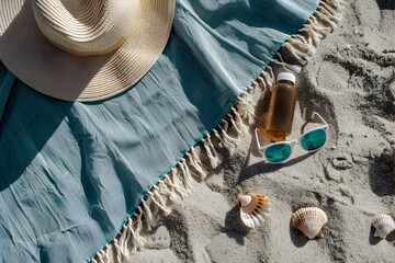  A Top view of a beach towel, sunglasses, and a straw hat casting long shadows on the sand.