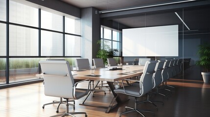 Modern creative open space office room interior with tables and chairs, 