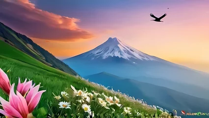 Foto op Plexiglas landscape with flowers and clouds © ehtasham