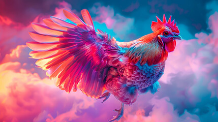 A chicken with a perfect body, beautiful, bright colors, like a fairy tale. - obrazy, fototapety, plakaty