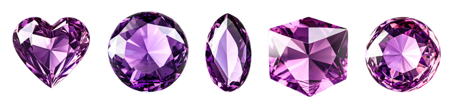 purple gems stone collection, heart, round, oval shape gloving diamond stones, isolated on transparent background, icons logo vector png