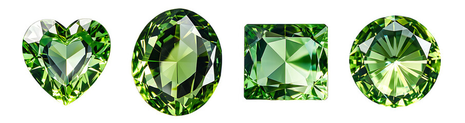 peridot green gems stone collection, heart, round, oval shape gloving diamond stones, isolated on transparent background, icons logo vector png
