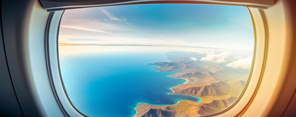 Fototapeta premium Travel the world concept, Airplane window perspective .Airplane travel time is above clouds bright blue sky