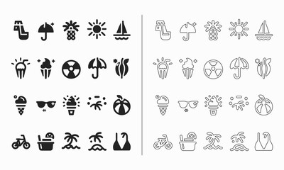 Summer icon set in fill and outline style