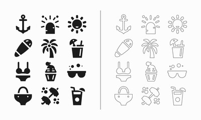 Summer icon set in fill and outline style