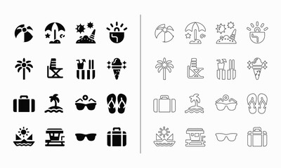 Summer icon set in fill and outline style