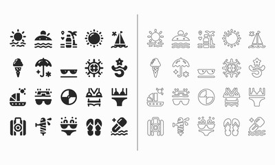 Summer icon set in fill and outline style