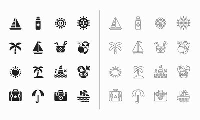 Summer icon set in fill and outline style