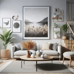 Modern and Minimalist Scandinavian Living Room Poster Frame Mockup, Blank Picture Frame Mockup on Wall with Decoration