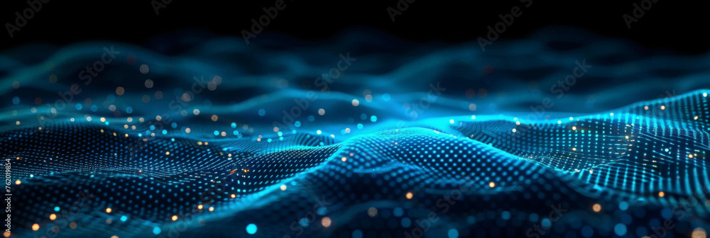 Poster abstract background with a blue digital mesh and dots on a dark background,blue wave data transfer f