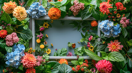 Fototapeta premium A wooden picture frame decorated with a few fresh flowers