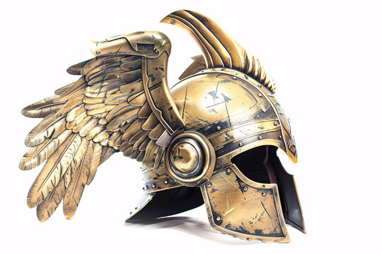 Golden Norse mythology Valkyrie helmet with wings on white bakcground