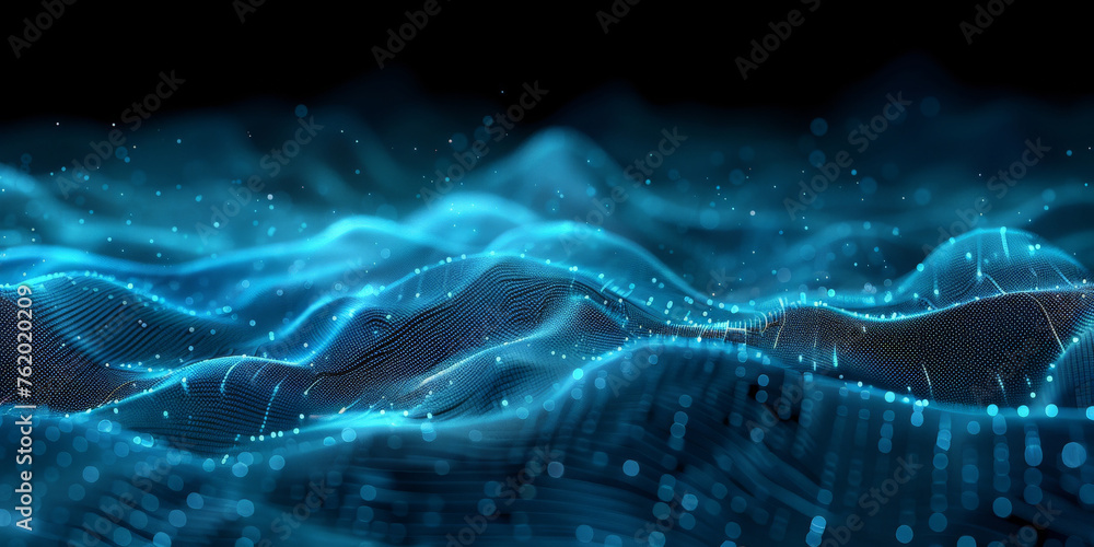 Poster abstract background with a blue digital mesh and dots on a dark background,blue wave data transfer f
