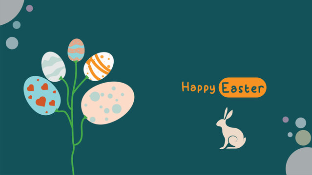 Social media post idea for easter egg background isolated in green, hand draw line rabbit, suit for decoration ,web, banner , wallpaper , with blank space