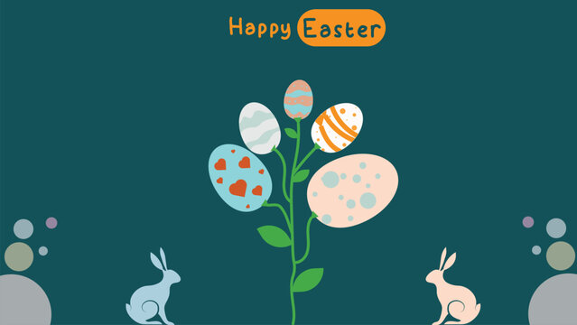 Social media post idea for easter egg background isolated in green, hand draw line rabbit, suit for decoration ,web, banner , wallpaper , with blank space