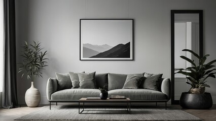 Modern and Minimalist Scandinavian Living Room Poster Frame Mockup, Blank Picture Frame Mockup on Wall with Decoration