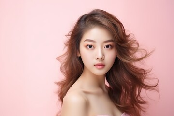 Naklejka premium Beautiful asian woman with healthy skin, skincare and cosmetics concept, copy space available