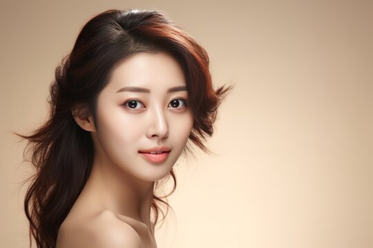 Beautiful happy asian woman with healthy facial skin, skincare and cosmetics concept