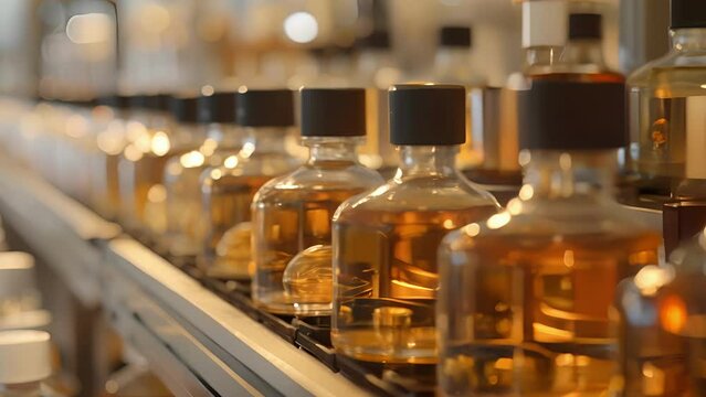 A conveyor belt filled with bottles of different scents waiting to be tested and approved before being added to the final product.