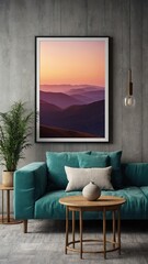 Modern and Minimalist Scandinavian Living Room Poster Frame Mockup, Blank Picture Frame Mockup on Wall with Decoration