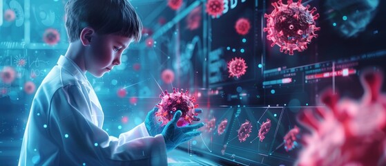 A boy in a lab coat holding a red and blue virus. The image is of a computer screen with a virus on it