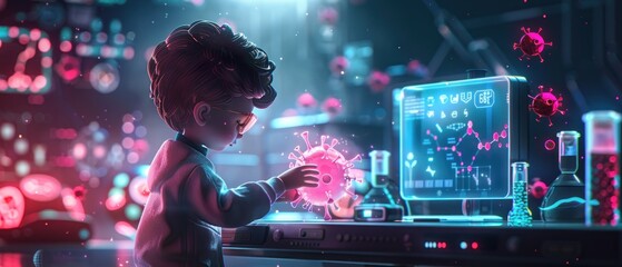 A child is playing with a computer monitor that has a virus on it. The child is wearing glasses and is touching the virus. The image has a futuristic and scientific feel to it - obrazy, fototapety, plakaty