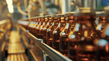 Fototapeta na wymiar A line of bottles are being filled with a liquid. The bottles are brown and are lined up on a conveyor beltGenerative AI