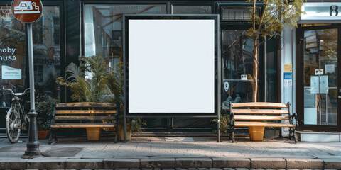 A blank white billboard  at bus stop on street, for advertising mockups and urban city concepts and presentations.Mock up Billboard Media Advertising Poster banner template at Bus Station city street