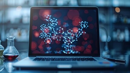 Digital visualization of molecular structure of breakthrough drug on laptop in laboratory