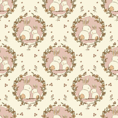 Cute hand drawn Easter seamless pattern with bunnies, flowers beautiful background, great for Easter Cards, banner, textiles, wallpapers Lovely rabbits or hare childish seamless pattern pattern fills.