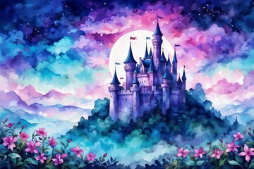 Fantasy style Fairy castle at night, watercolor illustration of Castle with moon fluffy clouds, lush green forest, pink purple flowers, Heavenly Landscape illustration art, Scene