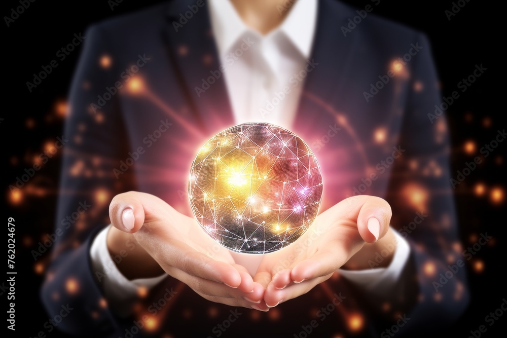 Poster man exhibiting transparent ball with intriguing internal technological processes