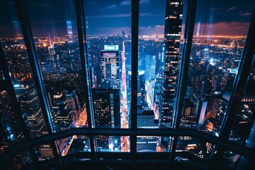 Peer out over a vast cityscape twinkling with lights, the darkness punctuated by the glow of skyscrapers and the occasional passing car, Generative AI