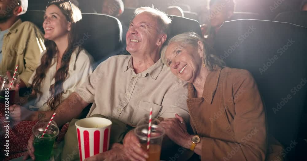 Canvas Prints Senior couple, cinema and laugh for comedy in movie for fun, enjoy and joke for entertainment. Audience, crowd and theatre for premier or watch show with drama, action and happy with bonding