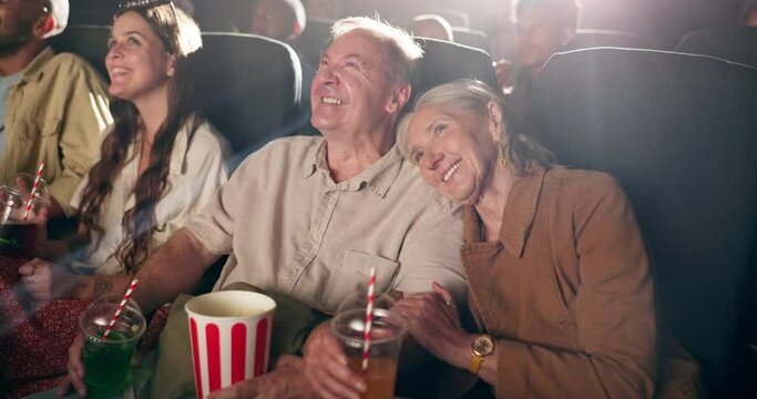 Senior couple, cinema and laugh for comedy in movie for fun, enjoy and joke for entertainment. Audience, crowd and theatre for premier or watch show with drama, action and happy with bonding