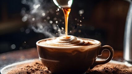 A close-up shot of steam rising from a freshly brewed cup of coffee, with rich brown foam swirling on the surface. - obrazy, fototapety, plakaty