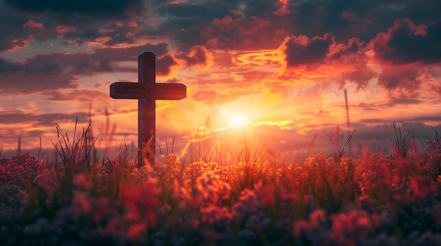 Christian Cross against the sunset. Cross on the hill with sunset