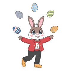 Bunny juggling eggs. Colorful painted Easter eggs. Joyful holiday character. Vector isolated on transparent background.