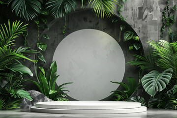 Contemporary White Podium Stage Rack front view focus with Green Stone and Tropical Leaves Background. Podium in tropical forest for product presentation and green wall.
