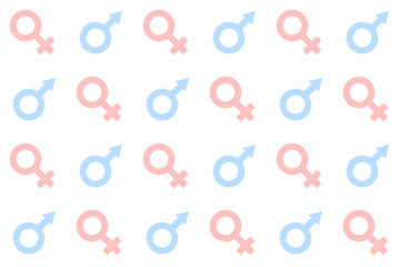 Boy and Girl, Male and Female Symbols Seamless Pattern. Gender Reveal Party Pink and Blue Endless Repeating Background. Baby Cute Backdrop.