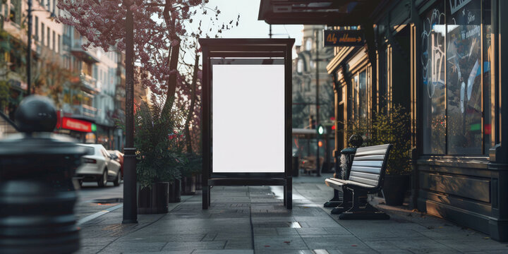 A blank white billboard  at bus stop on street, for advertising mockups and urban city concepts and presentations.Mock up Billboard Media Advertising Poster banner template at Bus Station city street