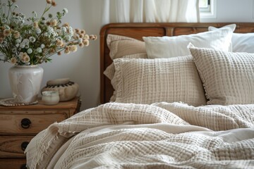 Close up of rustic bedside table lamp near bed with wood headboard.   French country, farmhouse, provence interior design of modern bedroom.