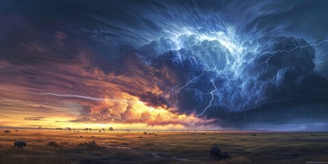 A vivid artwork of an African savannah scene, where the tranquility of a sunset is contrasted with the powerful drama of an approaching thunderstorm. Resplendent.