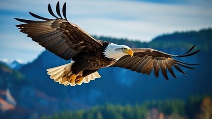 close up of a bald eagle flying in the mountains