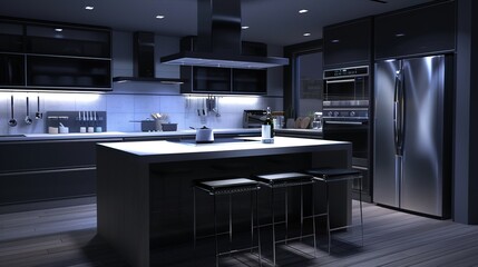A modern kitchen with a sleek island, stainless steel appliances, and a minimalist backsplash.