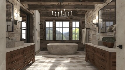 Rustic Luxe Farmhouse Bathroom Textured Stone Tub  Restoration Hardware-style Candelabra Lighting